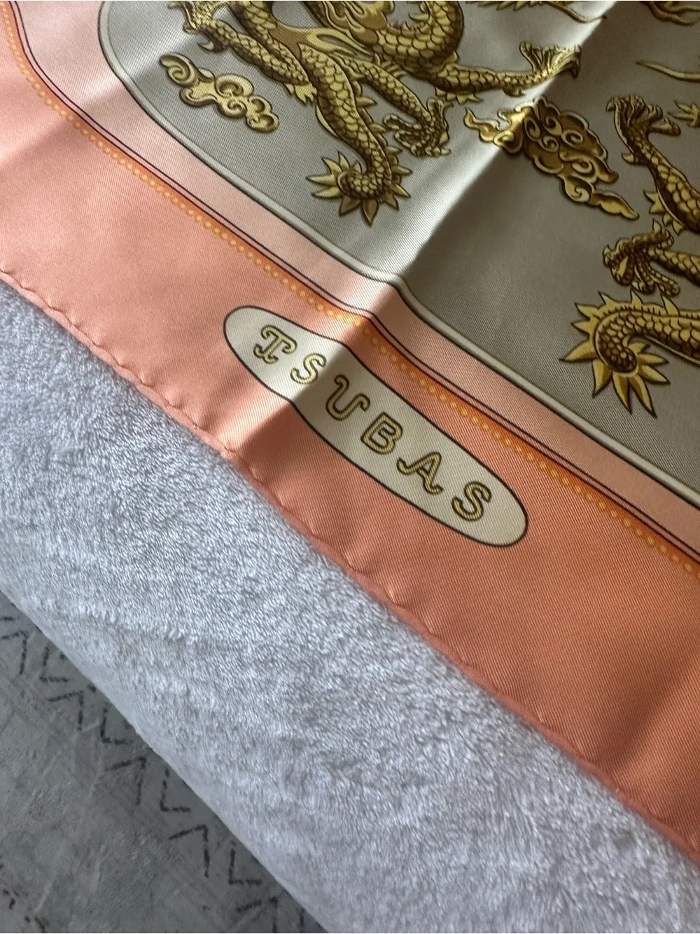 Hermes Peach and Gold Silk Scarf with Ornate Dragon Panels - Picture 2 of 16